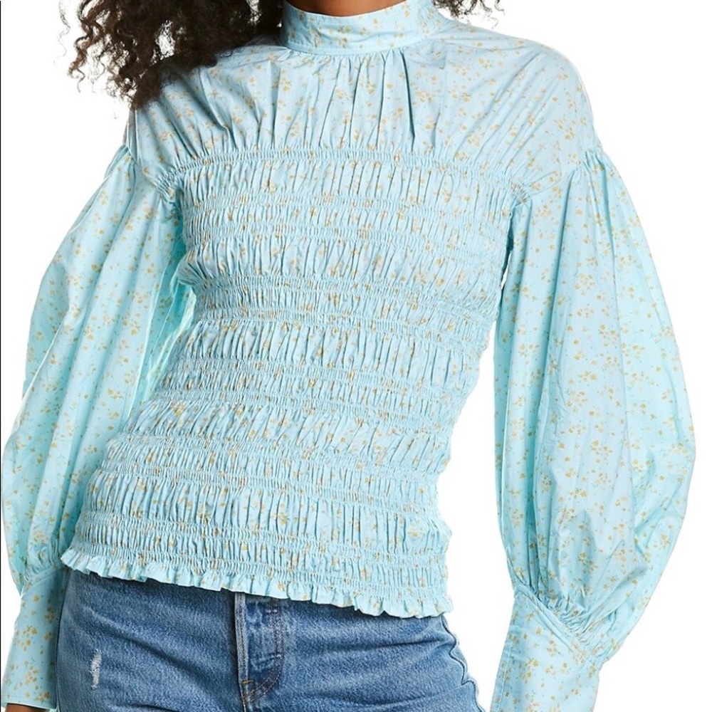 Ganni light blue floral gathered blouse